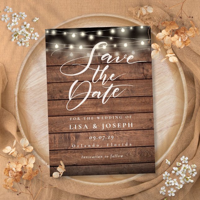 Rustika Ljuskedjor Träljus Bröllop Spara Datum Datumet (Rustic Wood String Lights Wedding Save the Date)