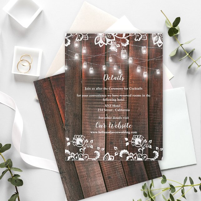 Rustika Ljuskranka med Trädetaljer och Spets - Brö Tilläggskort (Rustic Wood String Lights Wedding Details Card | Barn Lace Wood Information Enclosure)