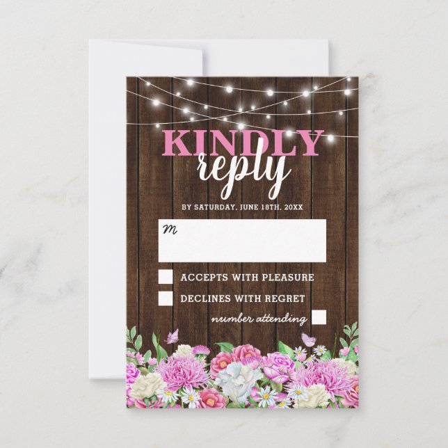 Rustika Ljuskrans med Rosa Blommor Bröllop RSVP OSA Kort (Framsida)