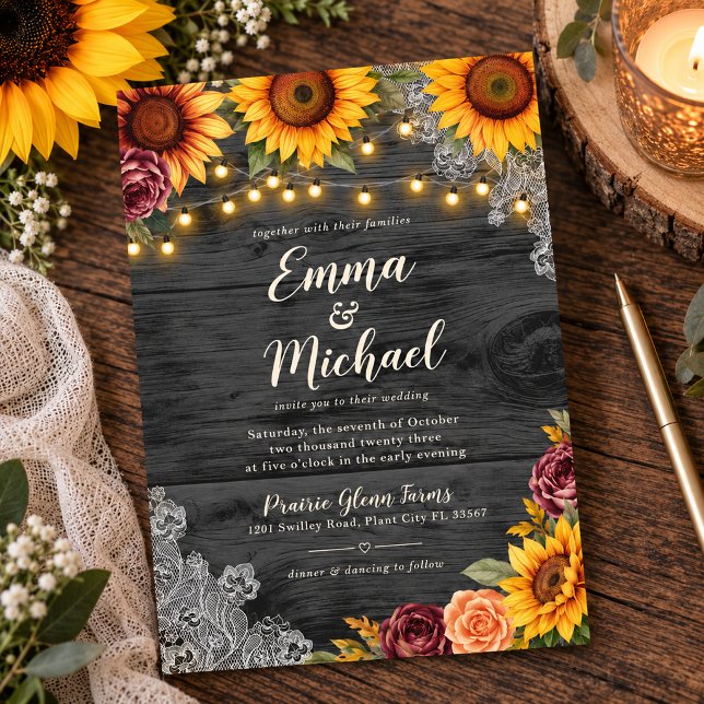 Rustika Ljuskrans Med Solrosor Bröllopsljus Inbjudningar (Rustic Sunflower Wedding Invitation)