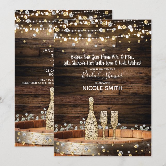 Rustika Ljuskronor för Vinfat Bröllopsfest Inbjudningar (Fram/baksida)