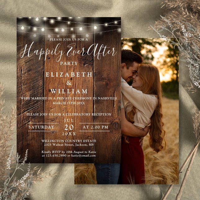 Rustika Ljuslampor i Trädgårdsutförande Foto Bröll Inbjudningar (Rustic Wood String Lights Photo Wedding Reception Invitation)