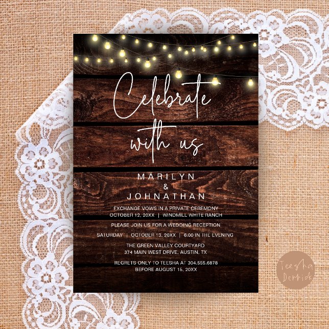 Rustika Ljuslyktor Bröllopsmottagning Elegant Inbjudningar (Rustic String Lights Wedding Reception Dinner Party Elegant Invitation Card in Dark Brown Wood)