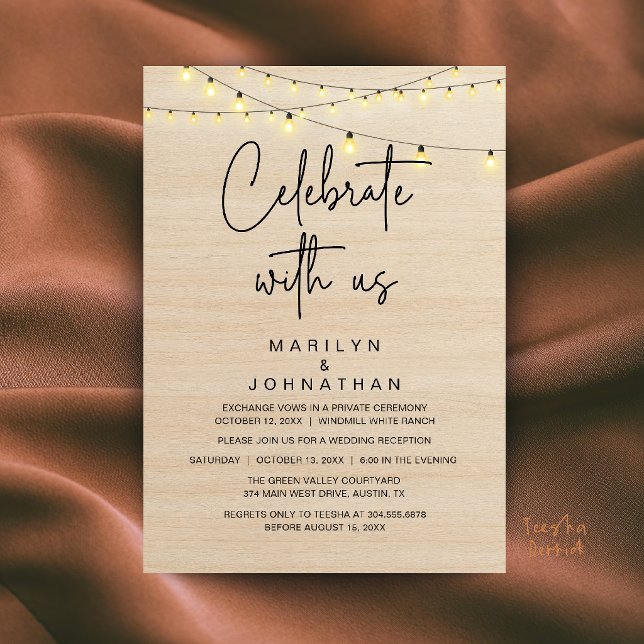 Rustika Ljuslyktor Bröllopsmottagning Elegant Inbjudningar (Rustic String Lights Wedding Reception Dinner Party Elegant Invitation Card in Brown Wood)
