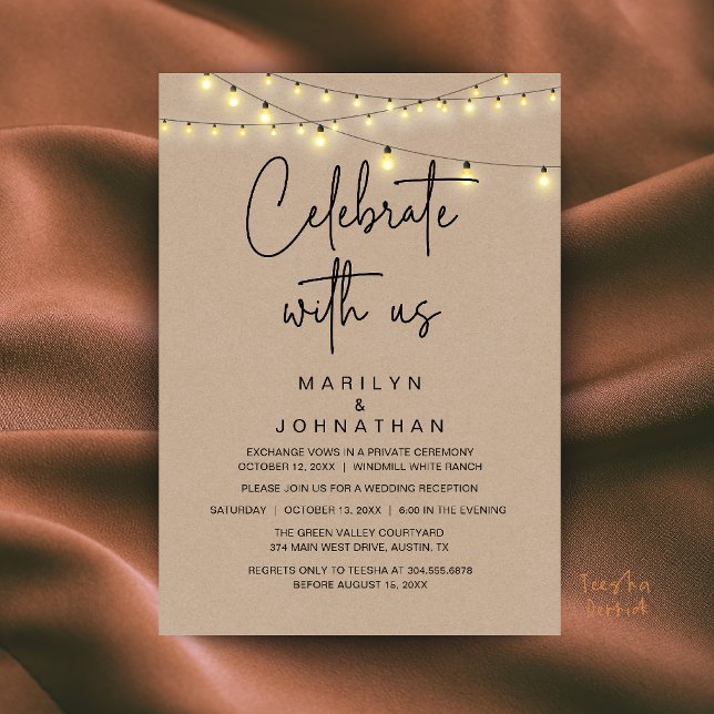 Rustika Ljuslyktor Bröllopsmottagning Elegant Inbjudningar (Rustic String Lights Wedding Reception Dinner Party Elegant Invitation Card in Dark Brown Kraft)