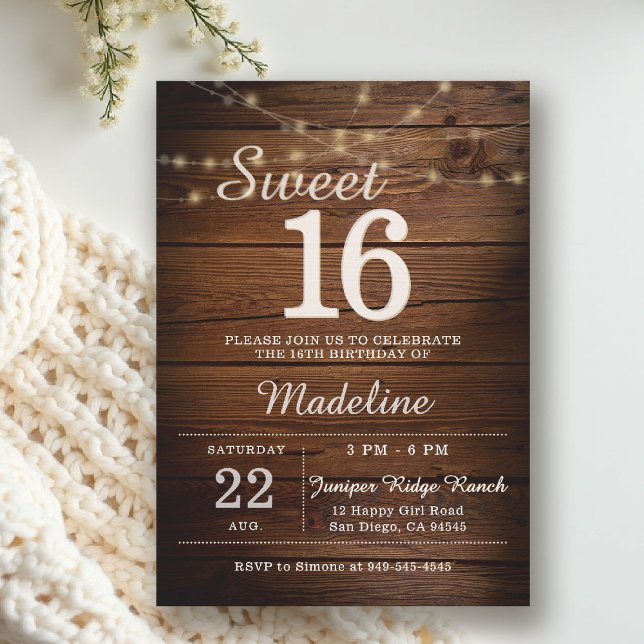 Rustika Ljuslyktor för Trädgårdsfest Sweet 16 Inbjudningar (rustic sweet 16 birthday party invitation barn wood string lights backyard outdoors cowboy western)