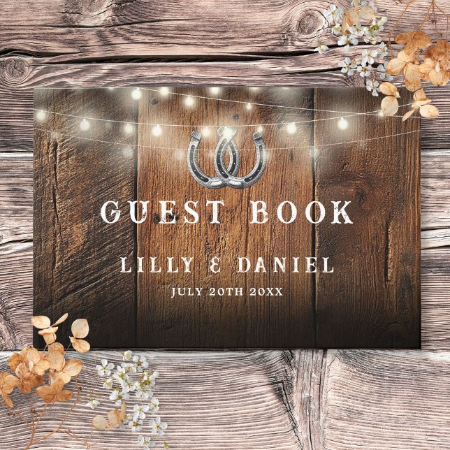 Rustika Ljuslyktor med Hästsko Bröllop i Träbyggna Gästböcker (Rustic Horseshoes String Lights Barn Wood Wedding Guest Book)