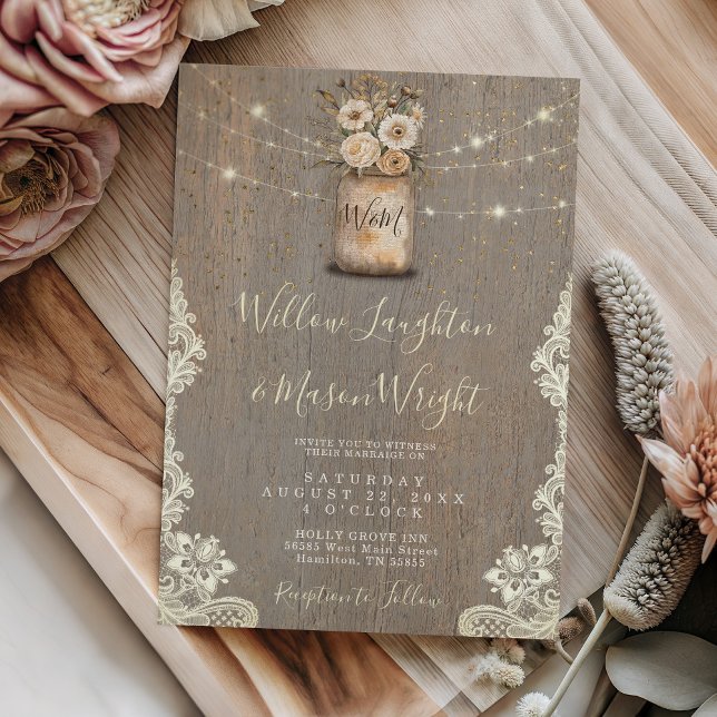 Rustika Ljuslyktor med Murade Krukor och Blommor T Inbjudningar (Rustic Floral Mason Jar String Lights Wood Wedding Invitation)