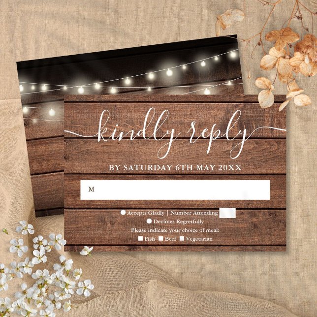 Rustika Ljusslinga Bröllop Svarskort OSA Kort (Rustic Wood String Lights Wedding RSVP Card)