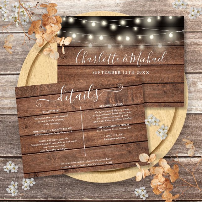 Rustika ljusslingar för brölloppsdetaljer inbjudningar (Rustic Wood String Lights Wedding Details Invitation)