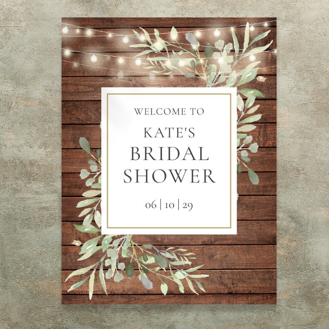 Rustika Ljusslingor Grönska Bröllopsfest Välkomsts Poster (Rustic Lights Greenery Bridal Shower Welcome Sign)