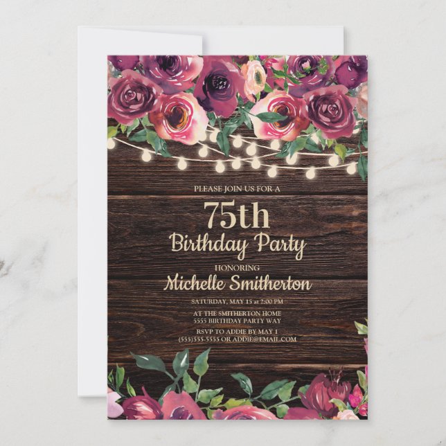 Rustika ljusslingor lila blommor 75-årsdag inbjudningar (Framsida)