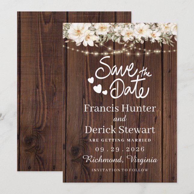 Rustika ljusslingor med blad i trä - Spara datum Inbjudningar (Fram/baksida)