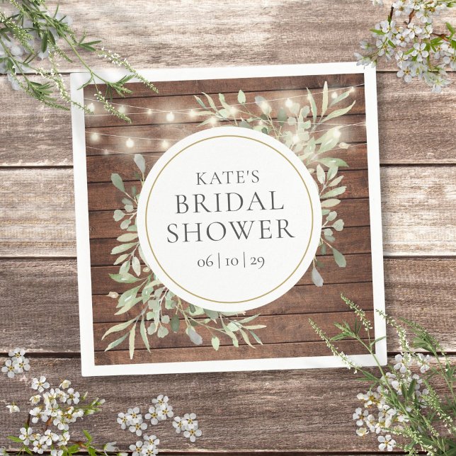 Rustika ljusslingor med grönt bröllopsdusch pappersservett (Rustic Wood String Lights Greenery Bridal Shower Napkins)