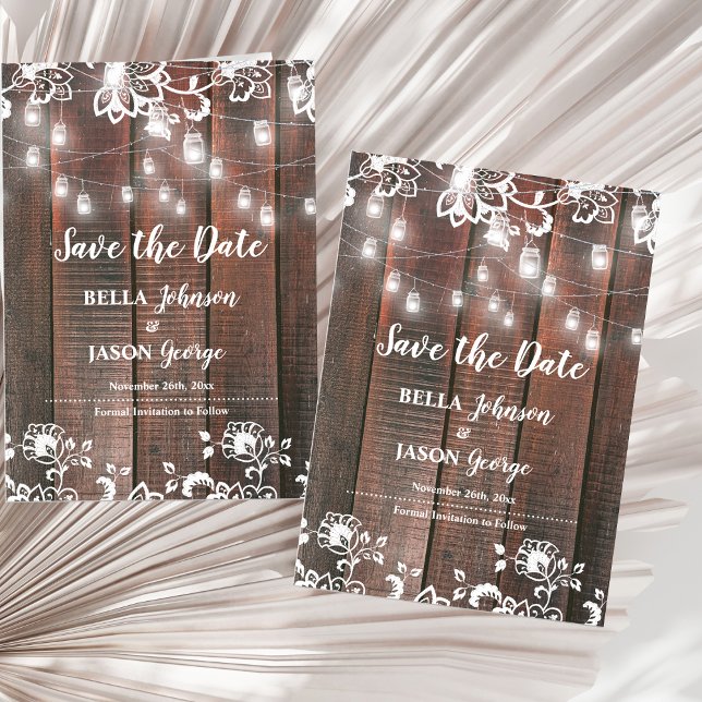 Rustika Ljussträng Ljusslinga Bröllop Spara Datum Magnetisk Inbjudningskort (Rustic Wood String Lights Save the Date Magnet | Barn Wedding Lace Wood Thin Magnetic Card)