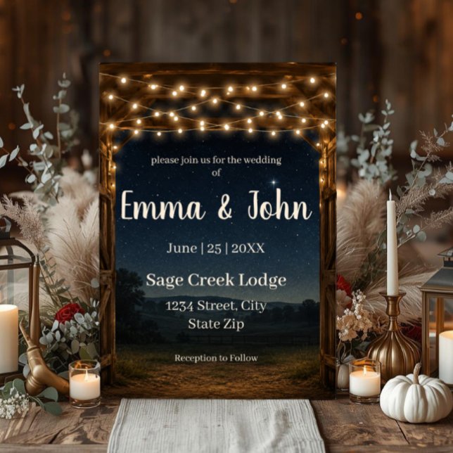 Rustika Ljussträngar Bröllopsinbjudan för Ladalagå Inbjudningar (Rustic barn wedding invitation with string lights and starry sky for country and lodge weddings.)