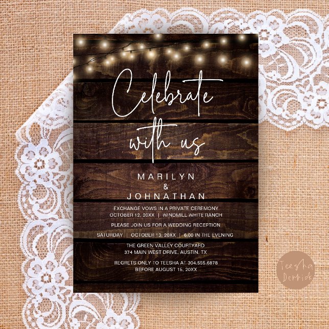 Rustika Ljussträngar Bröllopsmottagning Elegant Inbjudningar (Rustic String Lights Wedding Reception Elegant Invitation Card in Dark Wood Theme)