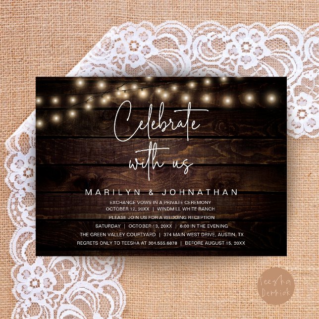 Rustika Ljussträngar Bröllopsmottagning Elegant Inbjudningar (Rustic String Lights Wedding Reception Elegant Invitation Card in Dark Wood Theme)