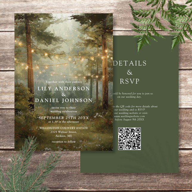 Rustika Ljussträngar för Boho Skog Bröllop QR Kod Inbjudningar (Rustic Boho Forest String Lights QR Code Wedding Invitation)
