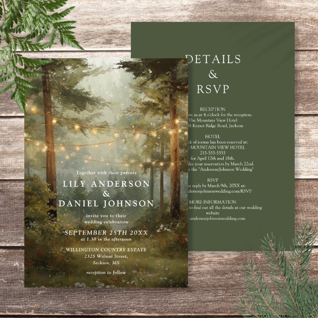 Rustika Ljussträngar för Bröllop Allt-i-ett Inbjudningar (Rustic Forest String Lights All In One Wedding Invitation)