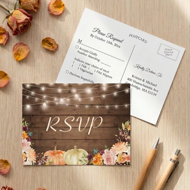 Rustika Ljussträngar Höst Blommig Bröllop RSVP Inbjudan Vykort (Skapare uppladdad)