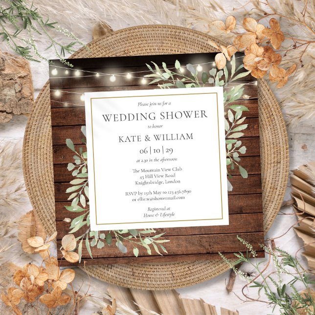 Rustika Ljussträngar i Trä med Grönska Bröllopsdus Inbjudningar (Rustic Wood String Lights Greenery Wedding Shower Invitation)