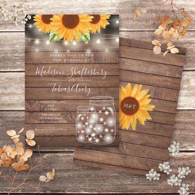 Rustika Ljussträngar Murade Krukor Solrosor Bröllo Inbjudningar (Rustic String Lights Mason Jar Sunflowers Wedding Invitation)