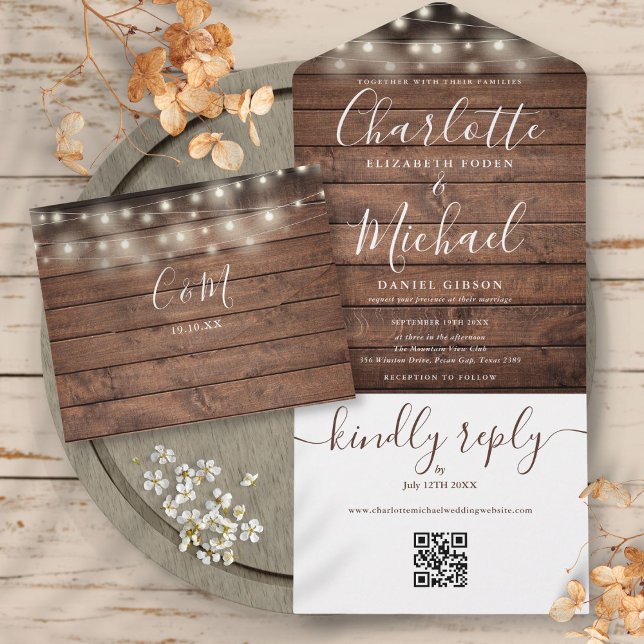 Rustika Ljussträngar QR-kod Monogram Bröllop  (Rustic String Lights QR Code Monogram Wedding All In One Invitation)
