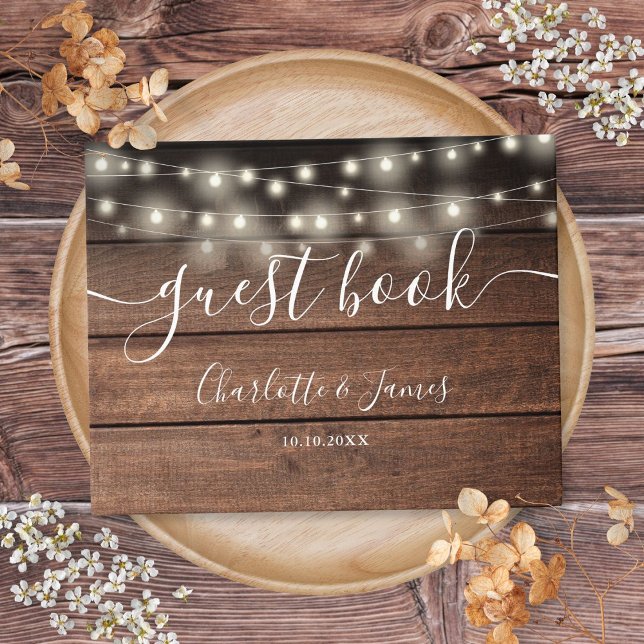 Rustika Ljussträngar Skript Bröllop Gästböcker (Rustic Wood String Lights Script Wedding Guest Book)