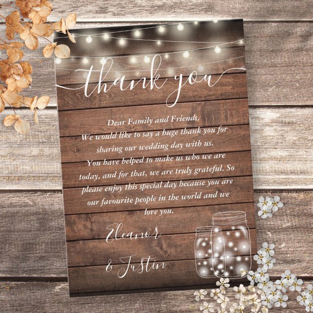 Rustika Ljussträngar Tack för Bröllopet Placeringskort (Rustic Wood String Lights Wedding Thank You Place Card)