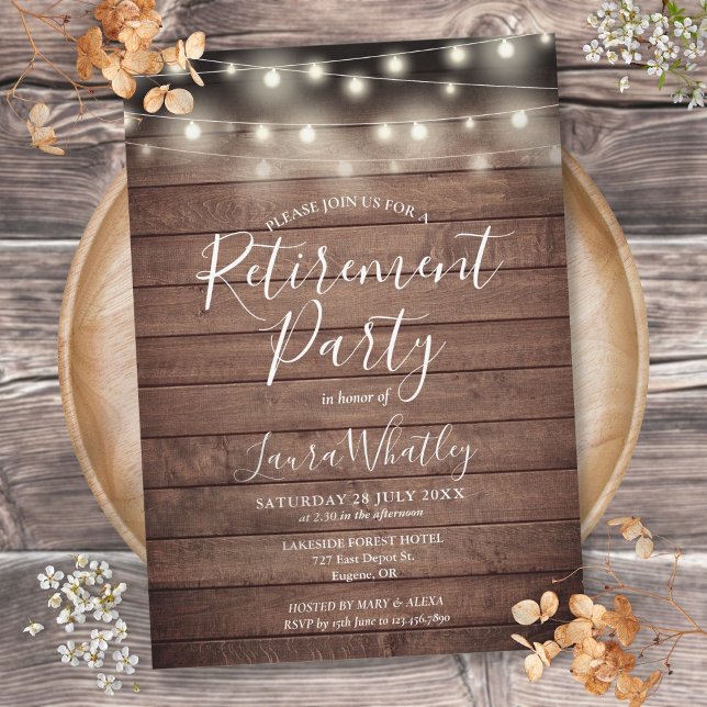 Rustika Ljussträngar till Pensionärsfest Inbjudningar (Rustic Wood String Lights Retirement Party Invitation)