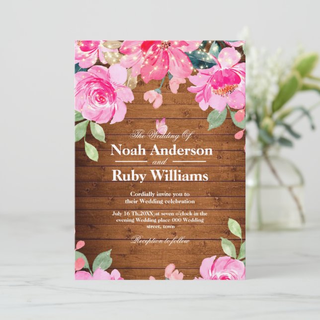 Rustika Ljustakar med Trä och Rosa Blommor Inbjudningar (Stående Fram)