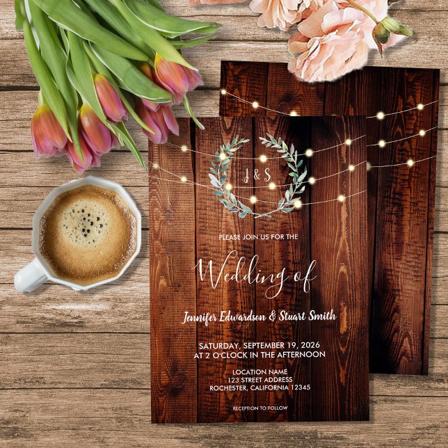 Rustika ljustryckor med monogram för landsbygdshoc inbjudningar (Rustic wood string lights monogram country Wedding Invitation. For your rustic country wedding.)