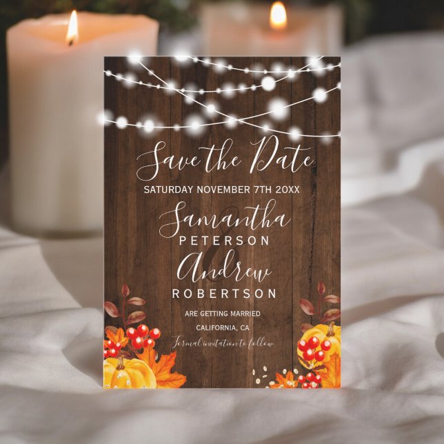 Rustika ljustryckta pumpor på tråd - spara datum datumet (Rustic wood pumpkin string lights save the date)