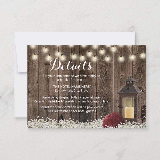 Rustika Lykta & Burgunder Blomma Bröllopsdetaljer Inbjudningar (Framsida)