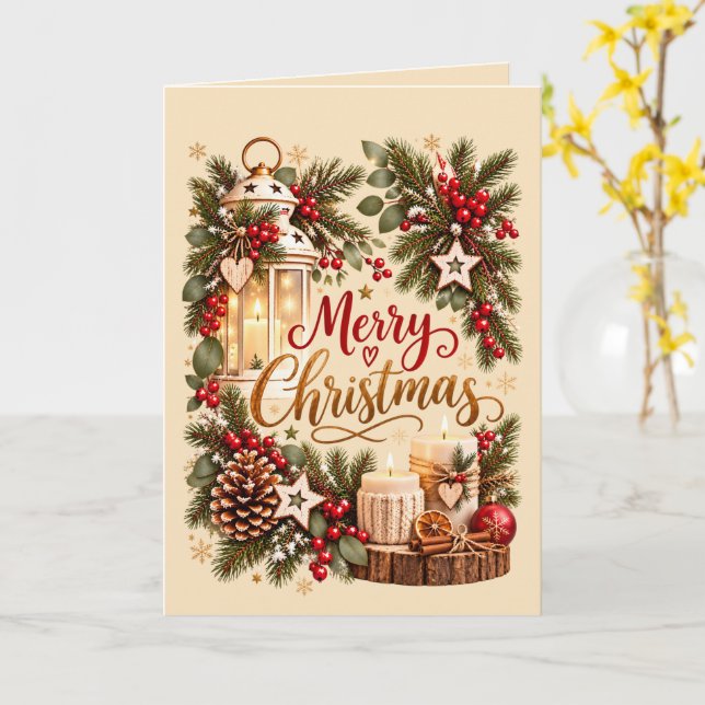 Rustika lyktor och ljus God Jul Kort (Gul blomma)