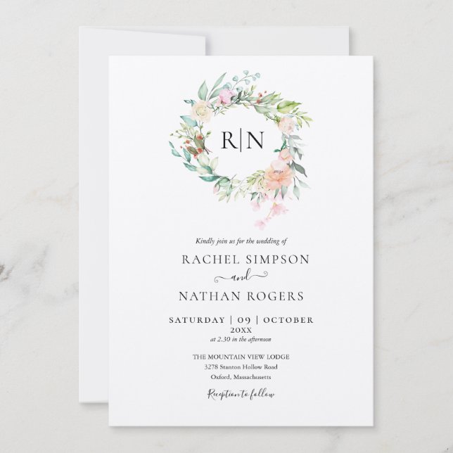 Rustika Monogram Rosor Blommig Bröllopsinbjudan Inbjudningar (Framsida)
