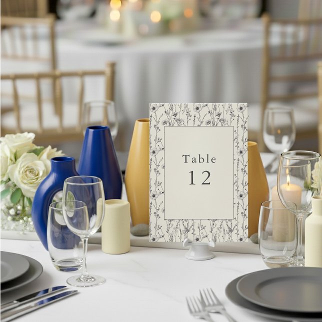 Rustika nummer för blommorbord inbjudningar (Wildflowers table number wedding reception table card.)