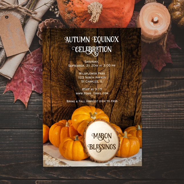 Rustika Orange Pumpor Höstdagjämning Firande Inbjudningar (Invite friends to celebrate the Fall  season with this natural Autumn Equinox Celebration Invitation)