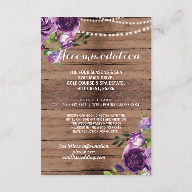 Rustika Övernattnings Brollop Lila Trä Blommor Tilläggskort (Framsida)