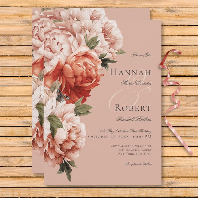 Rustika Peonblommor i Rostrött och Rosa på Bröllop Inbjudningar (Rustic Peach & Rust Peonies on Peach Wedding Invitation)