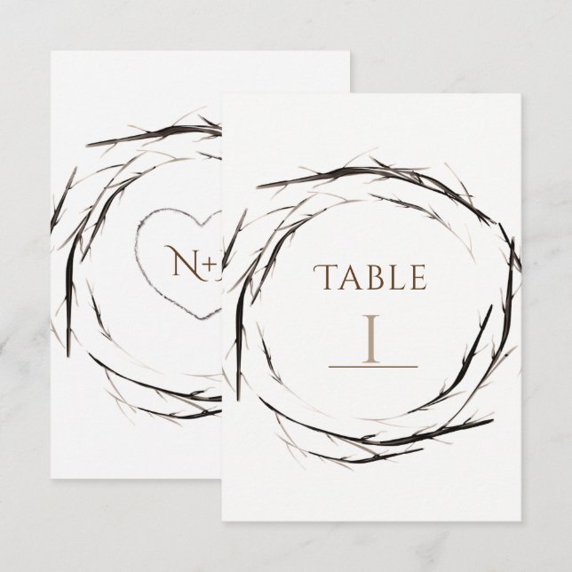 Rustika pinnar kvistar grenar krans bord nummer inbjudningar (Fram/baksida)