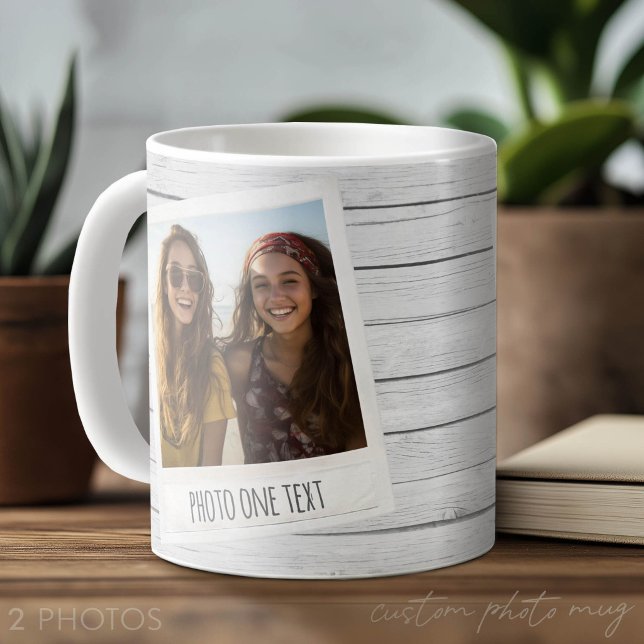 Rustika ramar för 2 foton - Vit Shiplap Träprint Kaffemugg (Custom Photo Mug with 2 Photos)