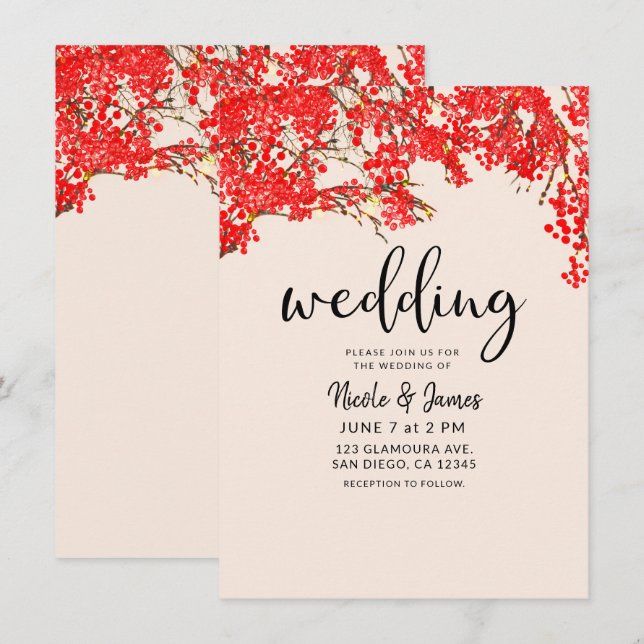 Rustika röda bär Berry Tree-grenar Bröllop Inbjudningar (Fram/baksida)