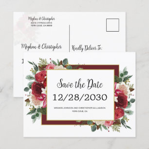 Rustika röda blommor Vinterbröllop Save the Date Meddelande Vykort