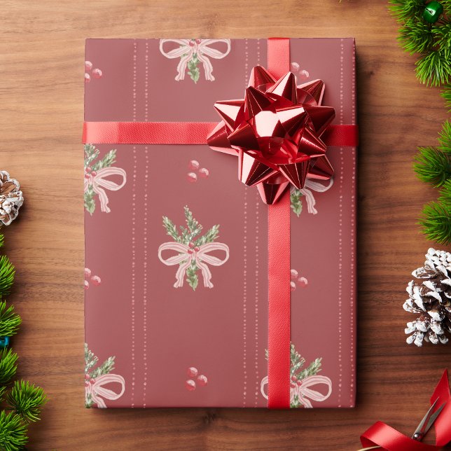 Rustika röda botaniska slingor jul presentpapper (Rustic Red Botanical Bows Christmas Wrapping Paper | Vintage Holiday Elegance by Painted Paperie)