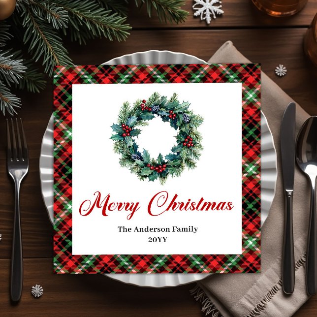 Rustika röda gröna rutmönstrade julkrans servetter (Rustic Red Green Plaid Christmas Wreath Napkins)