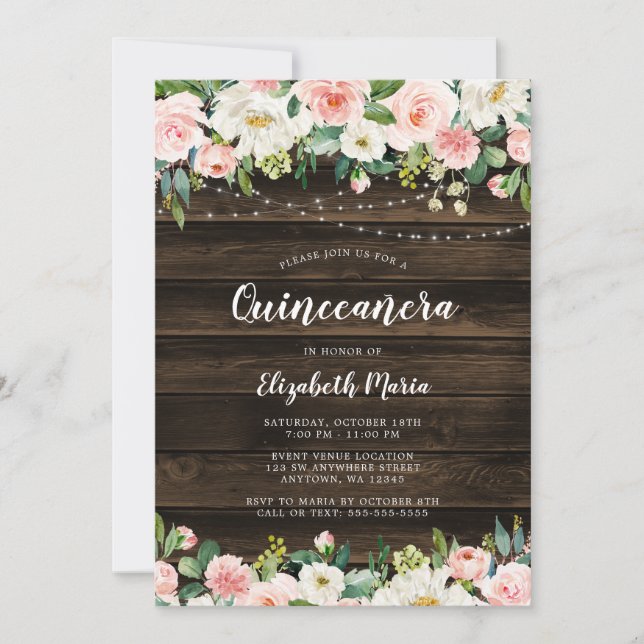 Rustika Rosa Blomstersträngljus Quinceanera Inbjudningar (Framsida)