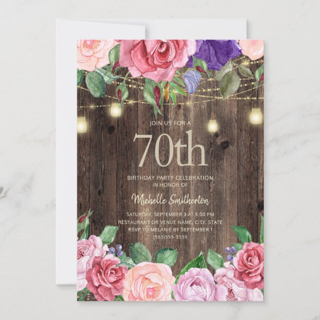 Rustika Rosa Lila Blommor Sladdljus 70-årsdag Inbjudningar (Framsida)