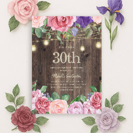 Rustika rosa lila blommor strängljus 30-årsfirande inbjudningar